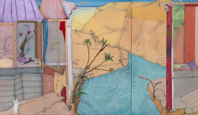 Ölkreide, Acryl, Pastelle und Tusche auf Leinwand. Das Bild zeigt einen Fluss, der in einer kargen Landschaft zwischen zwei Gebäuden durchfließt. 