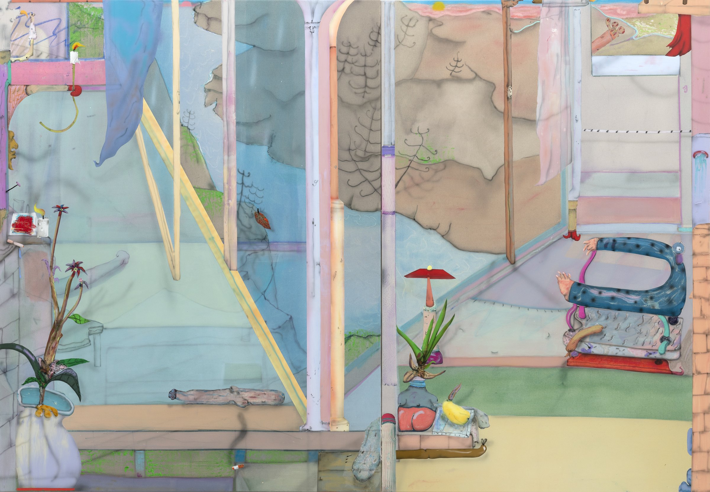 Acryl, Pastelle und Tusche auf Leinwand. Wohnraum mit Alltagsgegenständen, Fenster geöffnet mit Blick auf einen Fluss.