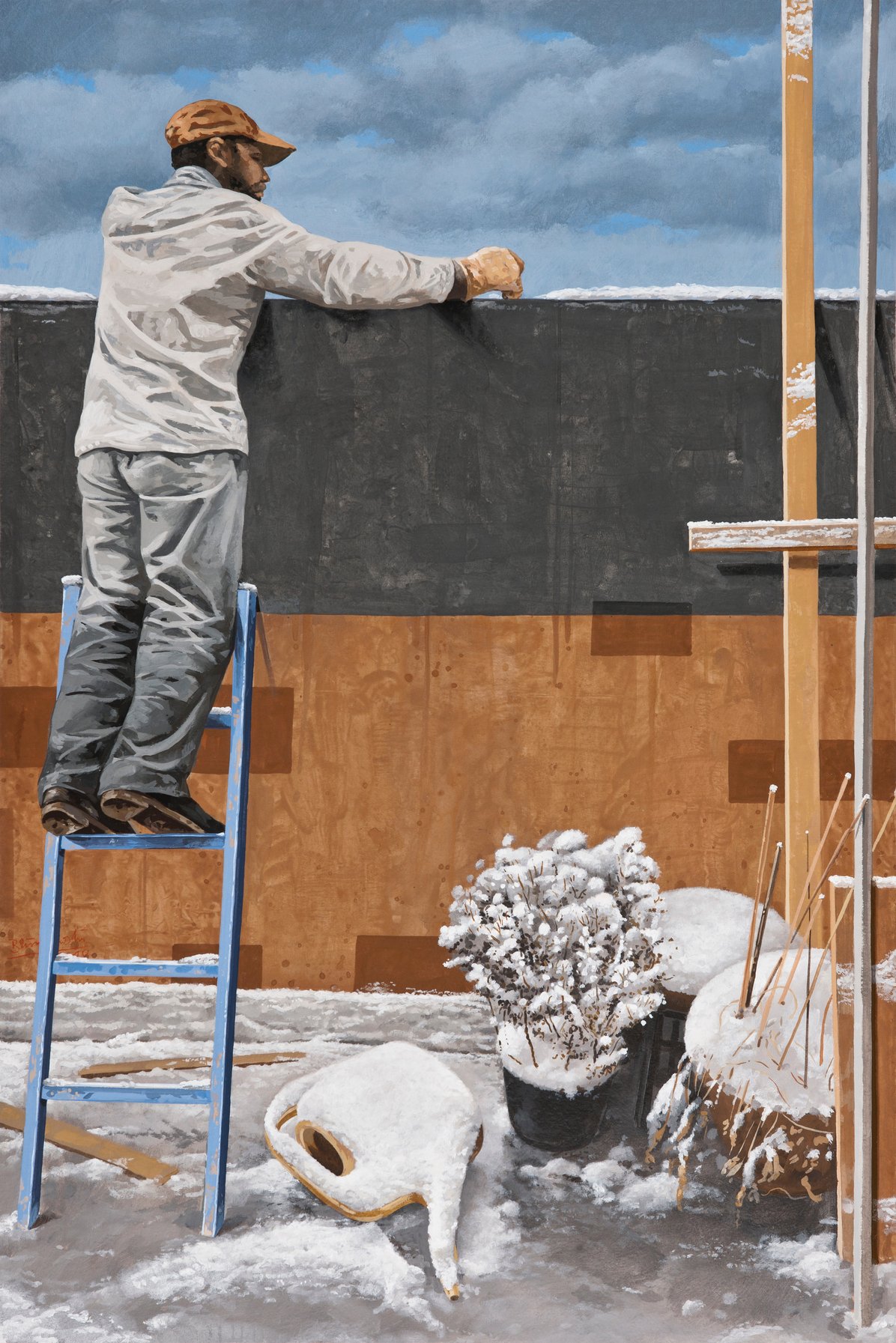 Mann auf einer Leiter von hinten